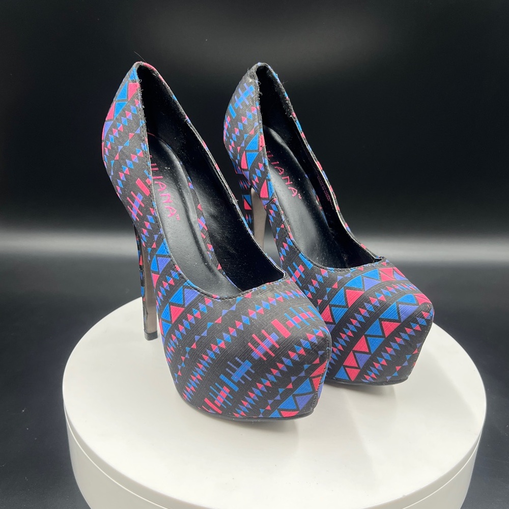 Black Liliana Platform Heels with Blue,Purple and Pink Design
